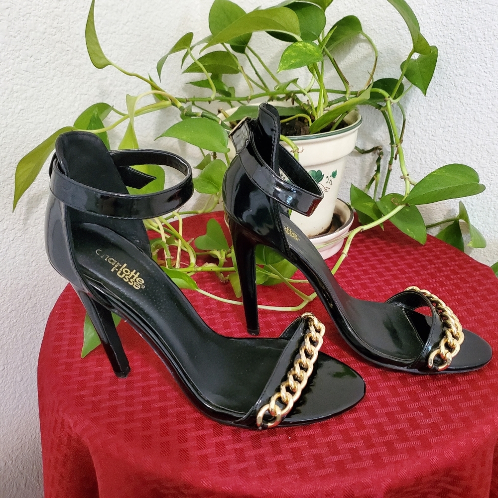 Charlotte Russe Womens Black Heels with Gold Chain Stiletto Size 8 Party